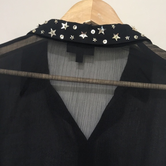 𝅺TOPSHOP black sheer long sleeve sequin collar shirt blouse sz 8 - Picture 7 of 11